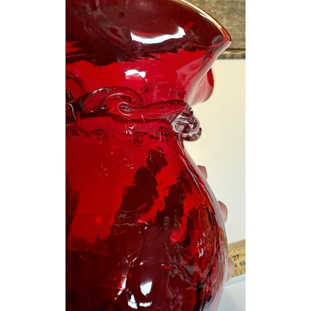 Viking Ruby Red Glass Vase with Applied Clear Band Ruffled Rim Amberina